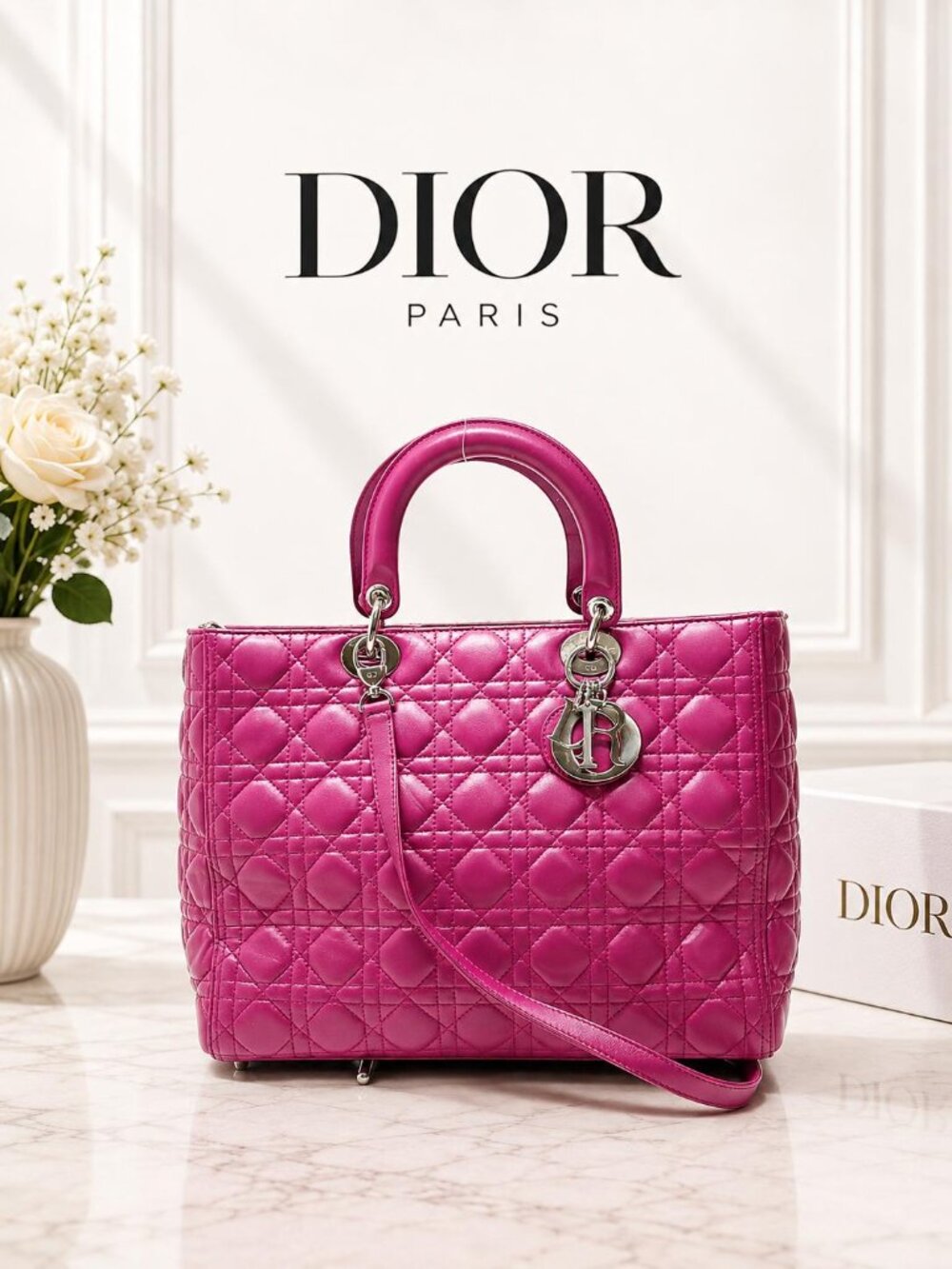 Authentic Christian Dior Large Lady Dior Fuchsia Pink Cannage Leather Handbag
